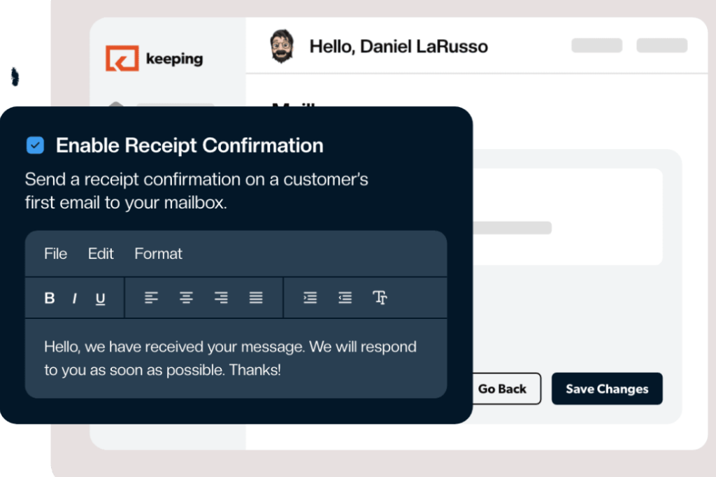 Receipt confirmation in an email platform for support agents.