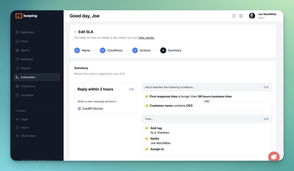 Helpdesk SLA settings in an email response time tracking software.