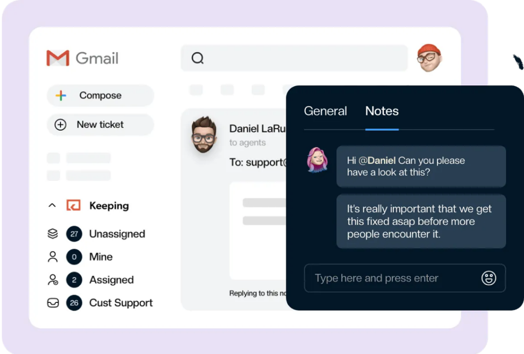 Agents sharing private notes in an email platform for customer support.