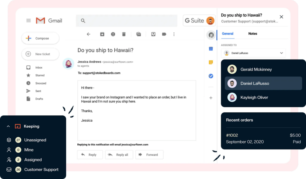 Keeping, a customer service email management software for Gmail.