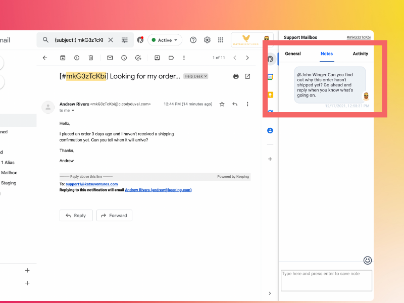 Another screenshot of Keeping, an email management tool. 