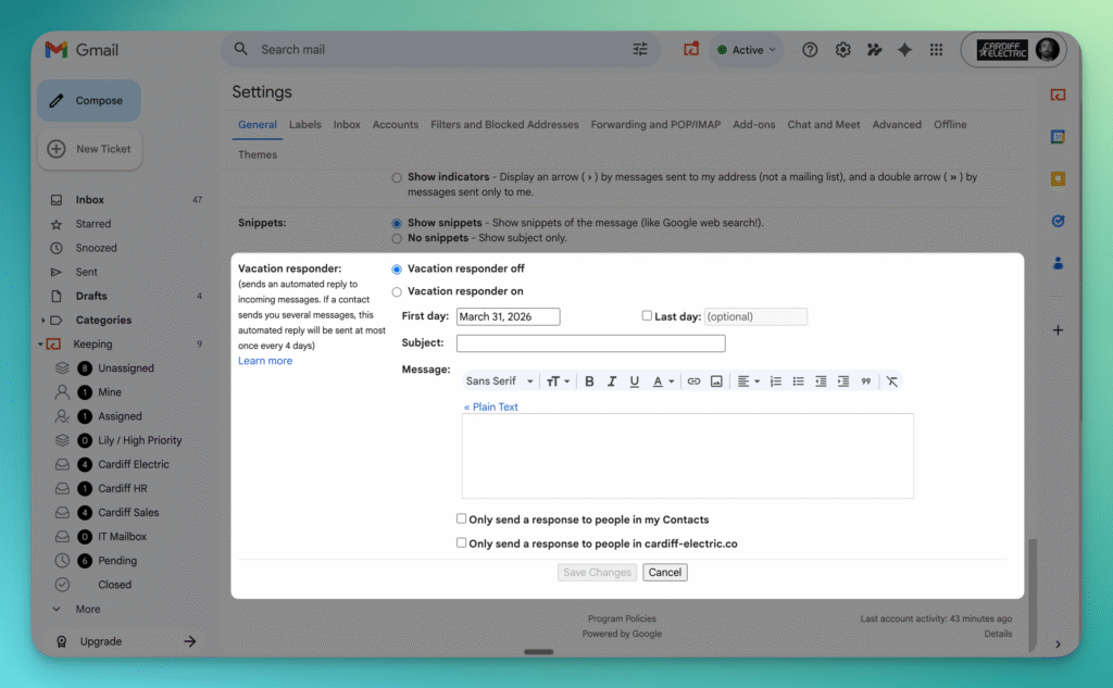 Gmail Vacation Responder