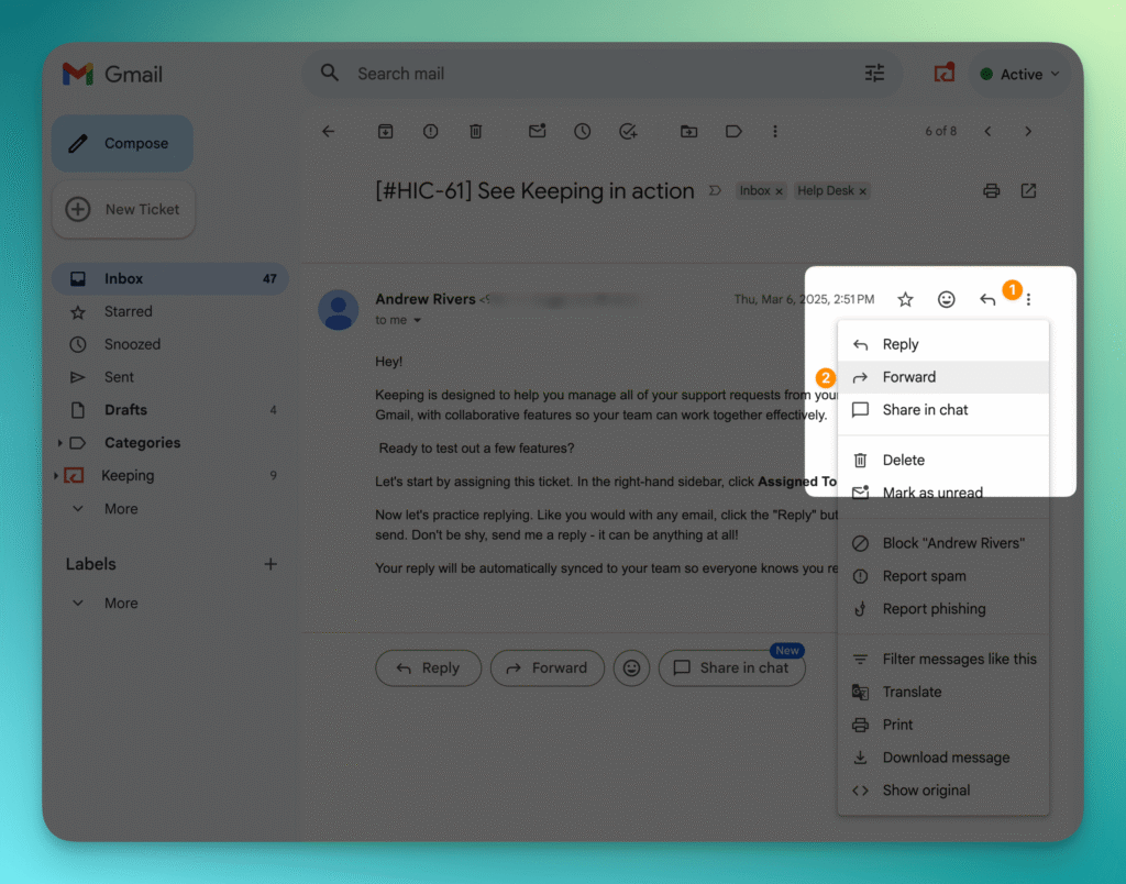 Forward from Gmail Three Dot Menu