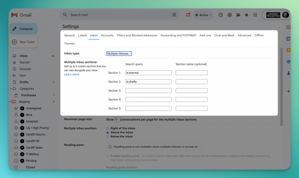 Gmail Multiple Inboxes settings with search queries is:starred and is:drafts entered for sections 1 and 2