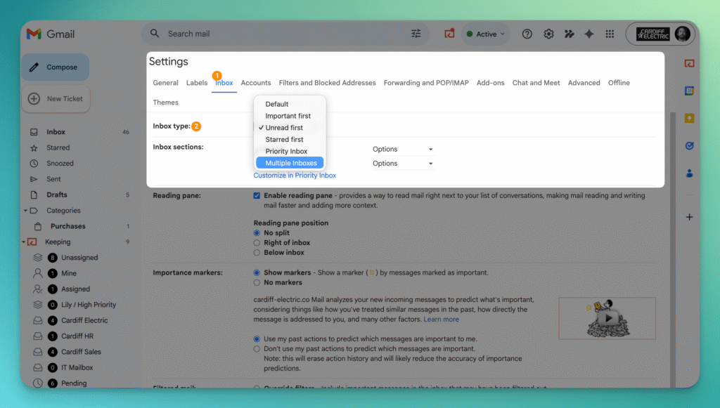 Gmail Inbox settings with Multiple Inboxes selected from the Inbox type dropdown