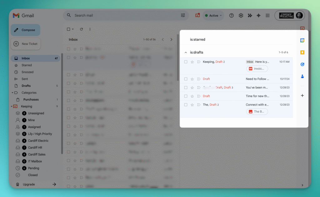 Gmail with Multiple Inboxes positioned to the right of the main inbox, showing starred and drafts sections
